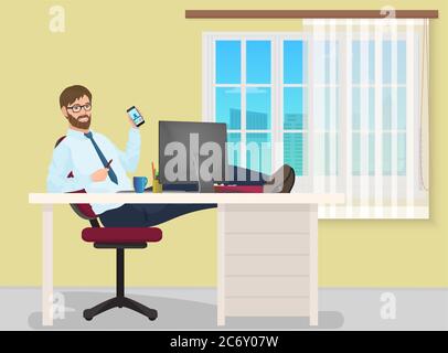 Erfolgreicher Geschäftsmann, der sich am Arbeitsplatz im Büro ausruhen kann. Der Manager sitzt auf einem Stuhl, seine Füße auf dem Tisch. Vektorgrafik für Unternehmen Stock Vektor