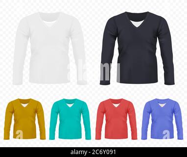 Realistisches Vektor Herren T-Shirt mit langen Ärmeln Set. Voll bearbeitbare verschiedene Farben Tshirt Kollektion Stock Vektor