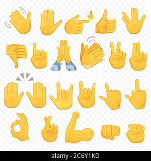 Satz von Handsymbolen und Symbolen. Emoji-Handsymbole. Verschiedene Gesten, Hände, Signale und Zeichen, Alpha-Hintergrund Vektor-Illustration Stock Vektor