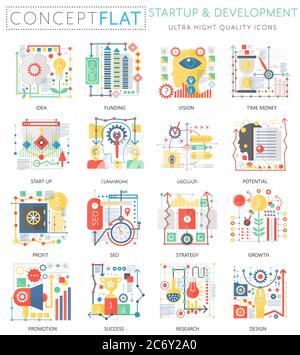 Infografiken Mini Konzept Start und Entwicklung, Computer-Schutz-Icons für Web. Hochwertige Farbe konzeptionelle flache Symbole Elemente. Start-up- und Entwicklungskonzepte Stock Vektor