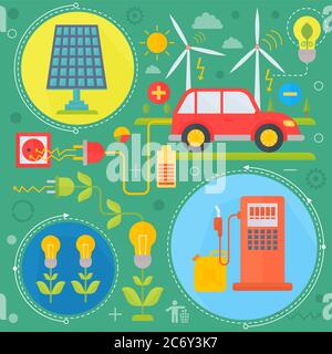 Umweltschutz, Ökologie Konzept Banner in modernem Flat Style. Ökologie Grüne Energie und sparen Planeten Infografiken Design, Web-Elemente, Poster Banner. Vektorgrafik Stock Vektor