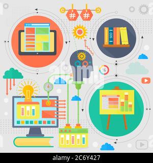 SEO und Entwicklung Konzept Design Infografiken Vorlage Icons in Kreisen Design, seo Optimierung Web-Elemente, Poster Banner Vektor Illustration Stock Vektor