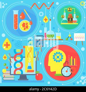 Flaches Design Konzept von Wissenschaft und Technologie. Wissenschaftliche Forschung, Chemische Experiment Infografiken Konzept Design, Web-Elemente, Poster Banner. Vektorgrafik Stock Vektor