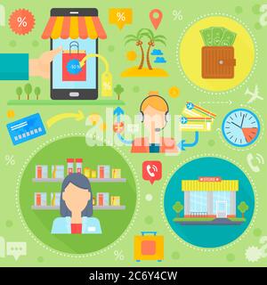 Online-Shopping, Mobile Marketing und digitales Marketing Infografiken Vorlage Icons in Kreisen Design, Web-Header E-Commerce-Icons. Vektorgrafik Stock Vektor