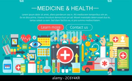 Medizin und Gesundheit Design-Konzept mit Healthcare Medizin Geräte Infografiken Template Design, Web-Header-Elemente, Poster Banner. Vektorgrafik Stock Vektor