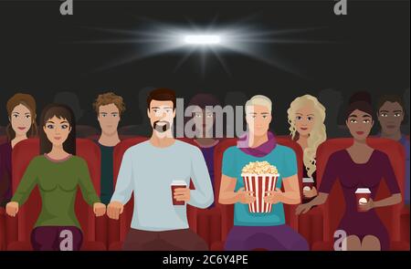 Die Leute, die den Film in der Kino-Vektor-Illustration Stock Vektor