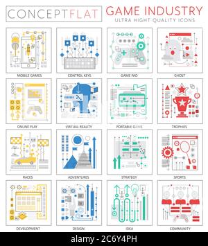 Infografiken Mini Konzept Spiel Industrie-Icons für Web. Premium-Qualität Design Web-Grafiken Symbole Elemente. Konzepte der Spieleindustrie Stock Vektor