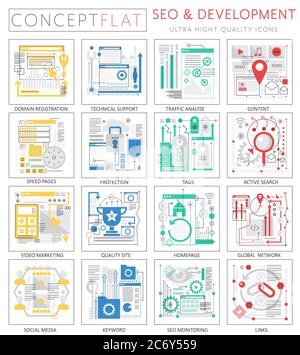 Infografiken Mini Konzept SEO und Entwicklung Icons für Web. Premium-Qualität Design Web-Grafiken Symbole Elemente. SEO und Entwicklungskonzepte. Stock Vektor