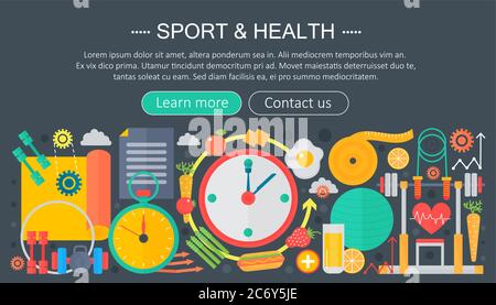 Gesundes Lifestyle-Konzept mit Food und Sport-Icons. Sport und Fitness flach Konzept Infografiken Header Template Design. Vektorgrafik Stock Vektor