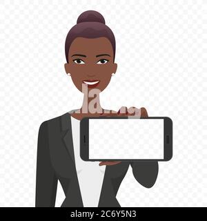 Junge afrikanische Geschäftsfrau zeigt die leere Smartphone-Bildschirm Vektor-Illustration. Telefon Alpha transperant Hintergrund Stock Vektor