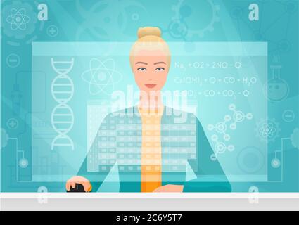 Chemiker Genetik Biologie Frau arbeiten mit virtuellen Medien-Schnittstelle. Chemiker Bioingenieur arbeitet mit Formula Table Virtual auf dem virtuellen Bildschirm Stock Vektor