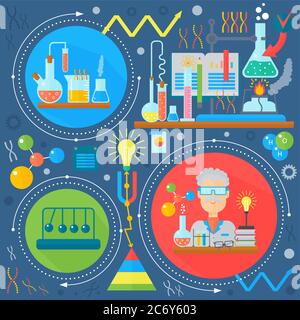 Flaches Design Konzept von Wissenschaft und Technologie. Wissenschaftliche Forschung, Chemische Experiment Infografiken Konzept Design, Web-Elemente, Poster Banner. Vektorgrafik Stock Vektor