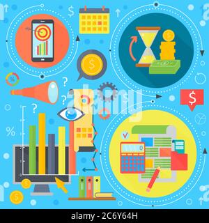 Business und Finanzen Flat Konzept. Business Infografiken Vorlage Icons in Kreisen Design, Web-Elemente, Poster Banner, Vektor-Illustration Stock Vektor