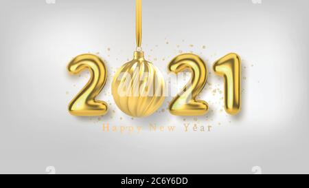 Happy New Year Hintergrund mit realistischen Gold Inschrift 2021 und Weihnachtsbaum Spielzeug aus Gold auf einem weißen horizontalen Hintergrund. Vektor Stock Vektor