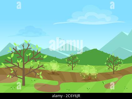 Die friedliche grüne Landschaft mit Bergen und Pflanzen Vektorgrafik Stock Vektor