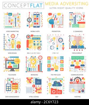 Infografiken Mini Konzept Media-Werbung Icons und digitales Marketing für Web. Premium-Qualität Farbe konzeptionelle flache Design Web-Grafiken Symbole. Medienwerbung Technologie Konzepte Stock Vektor