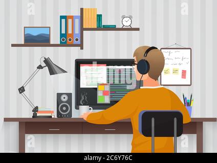Rückansicht des jungen Mannes, der Kopfhörer trägt, der am Schreibtisch sitzt, Vektor-Illustration. Teenager, die einen PC im eigenen Zimmer benutzen Stock Vektor