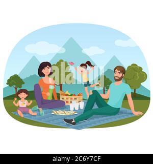 Eltern und Kinder bei einem Picknick draußen in der Nähe der Berge Vektor-Illustration Stock Vektor