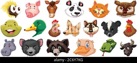 Set von verschiedenen niedlichen Cartoon Tiere Kopf riesige isoliert auf weißem Hintergrund Illustration Stock Vektor