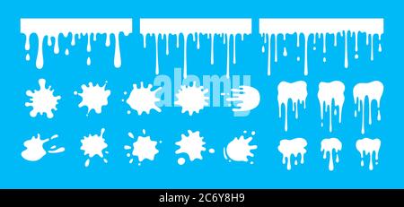 Milk Drip spritzt Blob, Cartoon-Sammlung. Weißer Joghurt, Sahne Strom Splatter Set. Formt Flüssigkeiten, Fleck Form Sammlung, abstrakte Tropfen flache Spritzer. Isolierte Vektordarstellung Stock Vektor