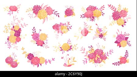 Set mit Blumenarrangement. Blume rosa Rose, Blätter, Zweige lila. Hochzeitskonzept, Vintage Blumen. Abstraktes Blumenposter, laden Cartoon-Sammlung. Grußkarte, Einladungsdesign. Vektorgrafik Stock Vektor