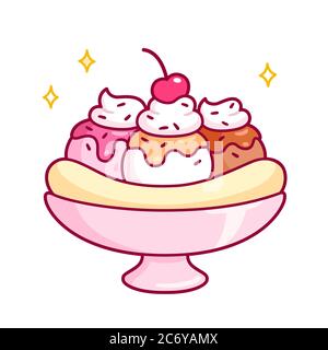 Niedliche Cartoon Banane Split Zeichnung. Gefrorenes Dessert mit Eis, Sirup, Schlagsahne und Schokoladenstreuseln. Isolierte Vektor-Clip Art-Illustration. Stock Vektor