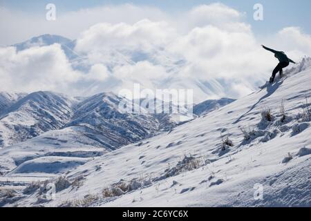 Ein eineinesiger Snowboarder schnitzt während einer Wintertour einen Hügel im Chuy-Gebiet von Kirgisistan hinunter. Stockfoto