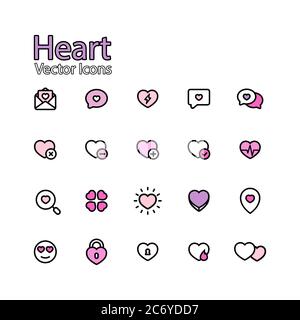 Set von Linie flach Symbol Herz und Liebe. Valentinstag. Einfache Piktogramme Packung. Familie, Beziehung, Hochzeit, Emotion. Vektor auf isoliertem Weiß Stock Vektor