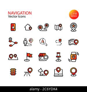 Satz von zeilenflachen Navigationssymbolen. Kartenposition, PIN, Ziel, GPS, Mobiltelefon, Entfernungsmarkierung, Ampel. Vektor auf isoliertem Weiß Stock Vektor