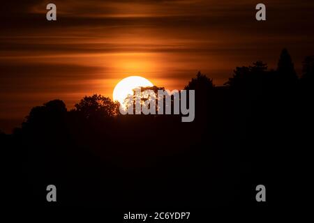 Stuttgart, Deutschland. Juli 2020. Die Sonne geht über den Bäumen auf. Quelle: Marijan Murat/dpa/Alamy Live News Stockfoto