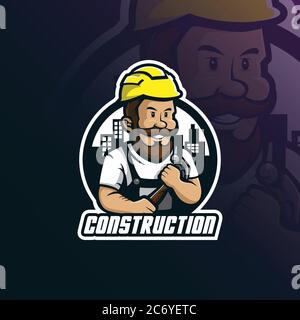 builder Maskottchen Vektor-Logo-Design mit moderner Illustration Konzept Stil für Abzeichen, Emblem und T-Shirt-Druck. Konstruktion Illustration. Stock Vektor