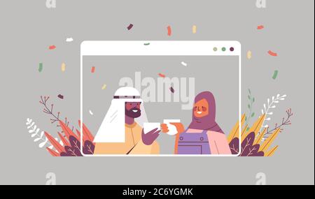 arabisch Mann Frau t feiert online Geburtstag Party Feier selbst Isolation Quarantäne Konzept Paar trinken Kaffee im Web-Browser-Fenster Porträt horizontale Vektor-Illustration Stock Vektor