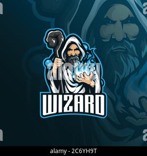 wizard Vektor Maskottchen Logo Design mit moderner Illustration Konzept Stil für Abzeichen, Emblem und T-Shirt Druck. Wütend Zauberer Illustration. Stock Vektor