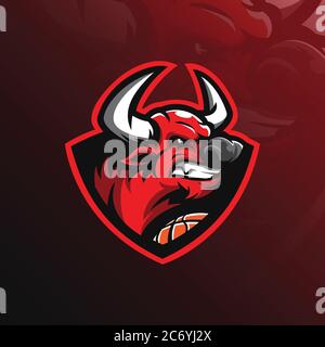 Bull Mascot Logo Design Vektor mit modernem Illustrationskonzept Stil für Abzeichen, Emblem und T-Shirt Druck. Wütende Bullenillustration mit Basketball. Stock Vektor