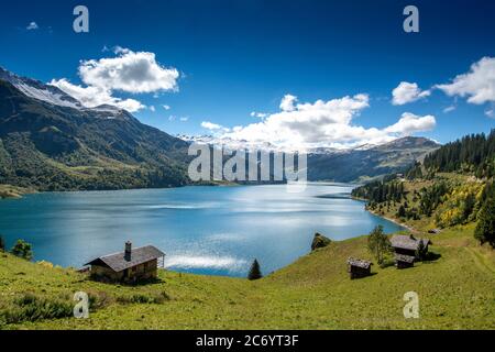 Roselend See in der Nähe von Beaufort, Savoie, Auvergne Rhone Alpes, Frankreich Stockfoto