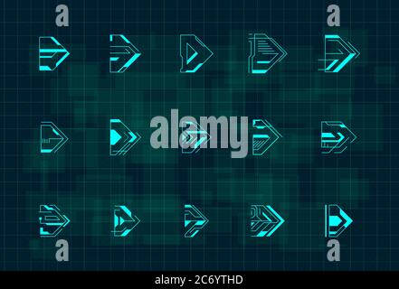 Set mit futuristischen HUD blauen Pfeilen. Cyberpunk Pfeile Design für Flyer, Banner, Cover, Karte, Web und für Spiel UI Design. Digitale Hi-Tech-Style-Zeiger Stock Vektor