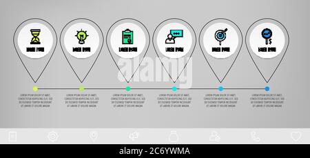 Infografiken Kreise mit 6 Schritten, Symbole. Vorlage für den Vektor der flachen Linie. Kann für sechs Diagramme, Geschäft, Web, Flussdiagramm, Infograph, Zeitleiste verwendet werden Stock Vektor