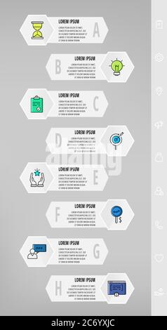Infografiken mit 8 Sechsecken, Pfeilen. Moderne Vektorvorlage. Kann für acht Diagramme, Web, Banner, Info-Grafik, Zeitleiste, Inhalt, Ebenen verwendet werden Stock Vektor