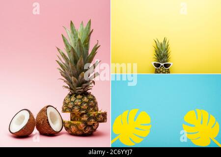 Collage aus tropischen Früchten, Sonnenbrillen und Papierpalmenblättern auf rosa, blau und gelbem Hintergrund Stockfoto