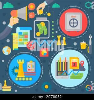 Business und Finanzen Flat Konzept. Business-Strategie Infografiken Vorlage Symbole in Kreisen Design, Web-Elemente, Poster Banner, Vektor-Illustration Stock Vektor