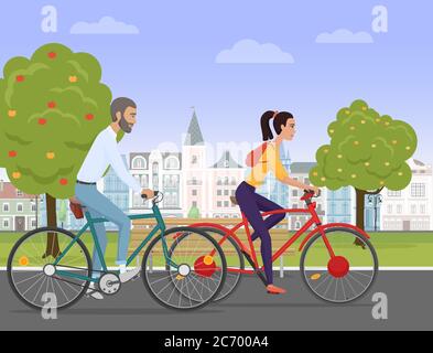 Junges Paar auf einem Sportfahrrad auf einer Parkstraße im Hintergrund der Altstadt. Vektorgrafik Stock Vektor