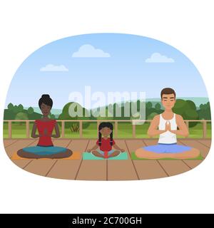 Vektor-Illustration der multiethnischen Familie auf den Matten sitzen und meditieren. Yoga für die ganze Familie Stock Vektor