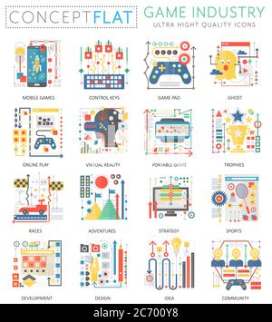Infografiken Mini Konzept Spiel Industrie-Icons für Web. Premium-Qualität Farbe konzeptionelle flache Design Web-Grafiken Symbole Elemente. Konzepte der Spieleindustrie Stock Vektor