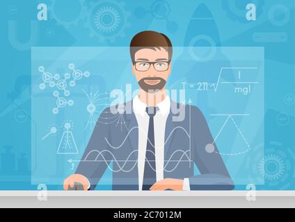Bärtiger Mann Physiker, der die Graphen-Formel auf der Computer-Vektor-Illustration. Physiktechnologie Stock Vektor