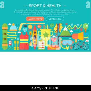 Gesundes Lifestyle-Konzept mit Food und Sport-Icons. Sport und Fitness flach Konzept Infografiken Vorlage Header Design. Vektorgrafik Stock Vektor
