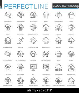 Cloud-Datentechnologie-Services Thin-Line-Web-Symbole gesetzt. Design der Symbole für die Kontur der Verbindung Stock Vektor