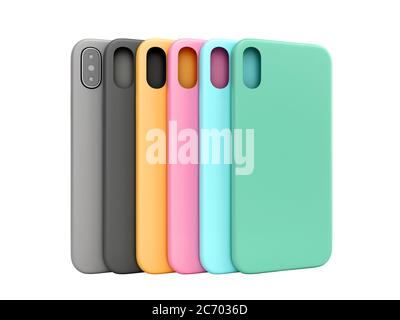 Mehrfarbige Handy-Hüllen Präsentation für Schaufenster 3d-Rendering auf weiß kein Schatten Stockfoto