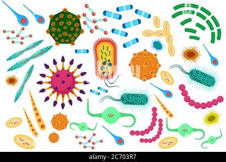 Symbole für Virusbakterien eingestellt. Cartoon flache Farbe Vektor Illustration Stock Vektor
