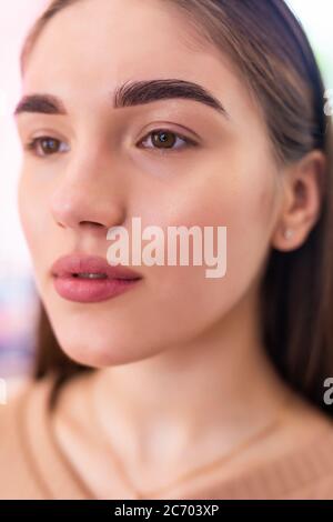 Make-up Künstlerin Frau Augenbrauen aus nächster Nähe. Professionelles Make-up und Hautpflege. Stockfoto