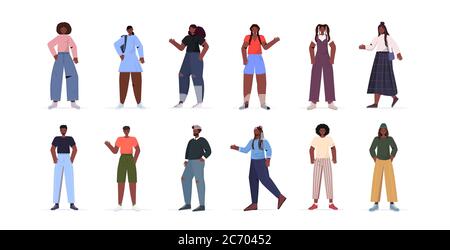 Setzen Sie Menschen in lässigen trendigen Kleidung afroamerikanischen Männern Frauen stehen in verschiedenen Posen männlichen weiblichen Cartoon-Figuren Sammlung voller Länge isoliert horizontalen Vektor Illustration Stock Vektor